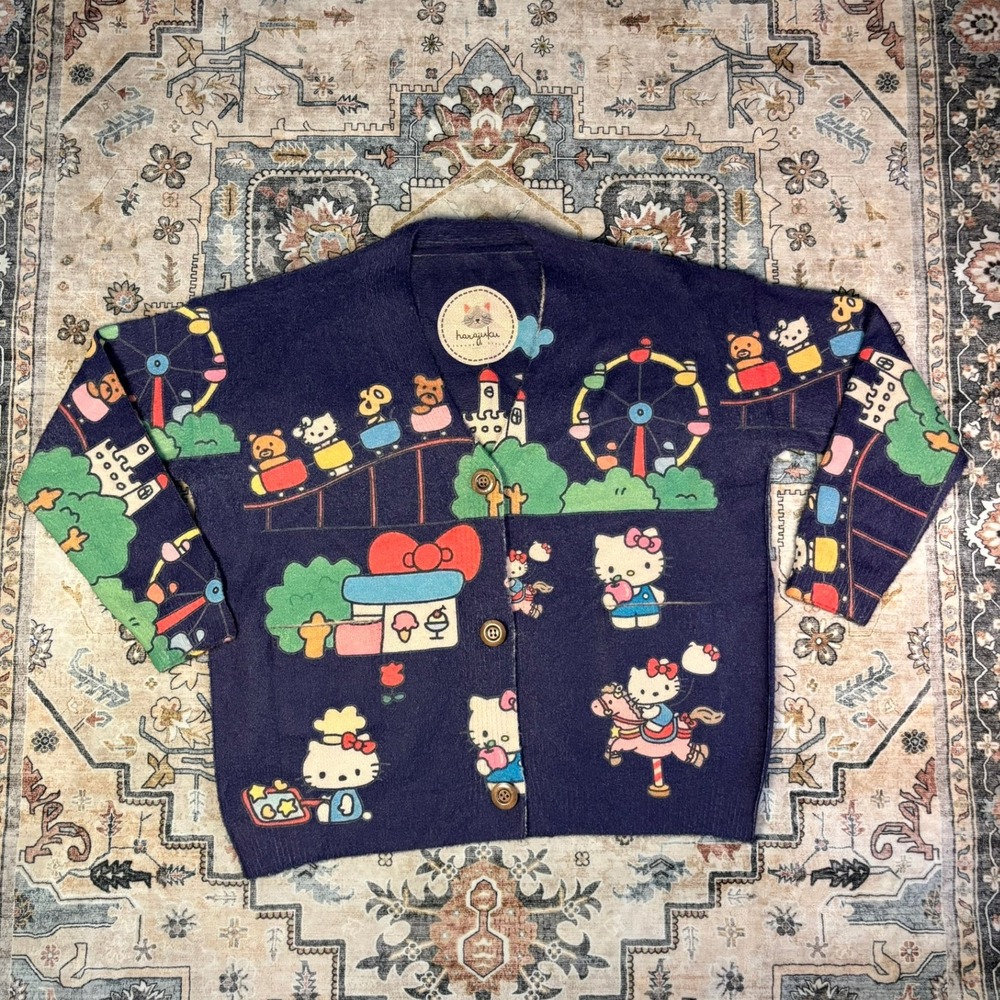 Harajuku Japanese Style Hello Kitty Amusement Park Navy Knit Cardigan Sweater